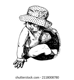 vector line drawing sketch child in panama playing in the hot sun. 