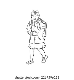 vector line drawing sketch of school girl with backpack and mobile phone, hand drawn illustration
