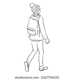 vector line drawing sketch of school girl with backpack , hand drawn illustration