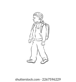 vector line drawing sketch of schoolboy with backpack, schoolchild, hand drawn illustration