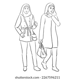 vector line drawing sketch of two walking young muslim women, hand drawn illustration