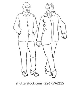 dibujo de línea vectorial de dos hombres que caminan, amigos parlantes, ilustración dibujada a mano