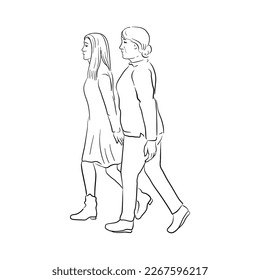 vector line drawing sketch of two walking woman, hand drawn illustration