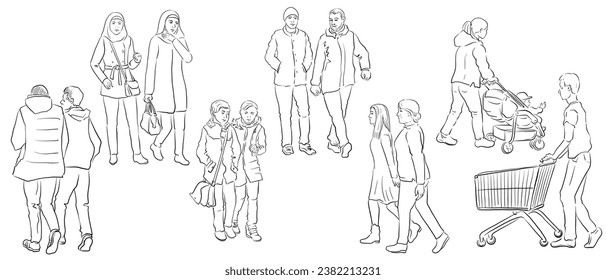 vector line drawing sketch of walking and shopping people, men, women and teenagers, hand drawn illustration