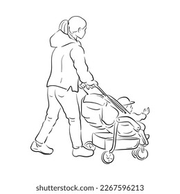 vector line drawing sketch of young woman with baby carriage, hand drawn illustration