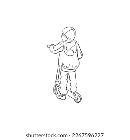 vector line drawing sketch of young boy with scooter, hand drawn illustration