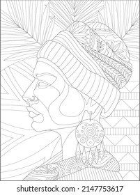 Vector line drawing stylized girl elaborate decorated hat earrings. Digital lineart image woman floral decorations background. Outline artwork design lady foliage patterned.