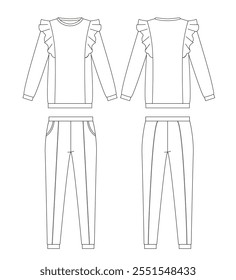 Línea de Vector Dibujo de una sudadera con detalles de volantes y pantalones a juego