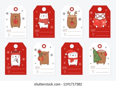 Vector line drawing tags collection of cute winter bears in flat design. Doodle illustration. Winter holidays, baby shower, birthday, children's party
