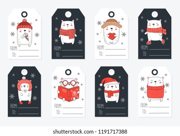Vector line drawing tags collection of cute winter bears in flat design. Doodle illustration. Winter holidays, baby shower, birthday, children's party