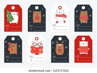 Vector line drawing tags collection of cute winter bears in flat design. Doodle illustration. Winter holidays, baby shower, birthday, children's party

