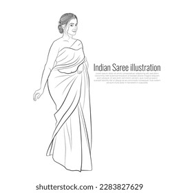 Vector line drawing of a tall lady, An illustration of Indian woman, Vector line art of young girl