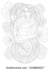 Vector line drawing tattoo snake wrapping skull decorated flower pattern background. Digital lineart image serpent twisting around bones floral decoration.