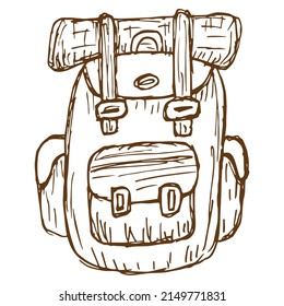 Vector line drawing of a tourist backpack. Rough vintage monochrome brown freehand illustration isolated on transparent background