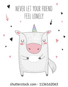 Vector line drawing unicorn with slogan about friend. Doodle illustration. Friendship day, Valentine's, anniversary, baby shower, birthday, children's party