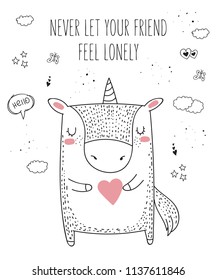 Vector line drawing unicorn with slogan about friend. Doodle illustration. Friendship day, Valentine's, anniversary, baby shower, birthday, children's party