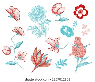 vector line drawing of various embroidered flowers colors red, salmon and turquoise colors with a white background