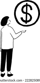 Vector line drawing of a woman with money
