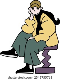 Vector line drawing of a woman thinking