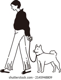 Vector line drawing of a woman walking her dog