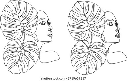 Desenho de linha vetorial do perfil lateral de uma mulher com um motivo de planta monstera, enfatizando a simplicidade, linhas limpas e uma forma elegante e orgânica.