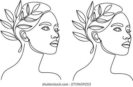 Desenho em linha vetorial do perfil lateral de uma mulher usando uma coroa de louros natural ou acessório de cabelo de folha, enfatizando a simplicidade e linhas limpas.
