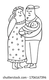 Vector line drawing of a young family with a baby. Woman with long hair in a dress, man with a cap holds the newborn baby. Family values concept, togetherness, love, peaceful mind