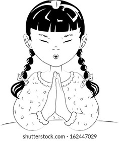 A vector line drawing of a young girl with pigtails, with her hands together, saying her prayers before she goes to bed.