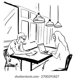 Vektorgrafik eines jungen Mannes und einer jungen Frau, die in einem Café an ihren Laptops arbeiten. Handgezeichnete Tintengrafik eines Schülers in einem Coffeeshop: vektorisiert
