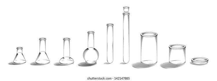 Vector line drawing/Lab containers line drawing/Vector drawing, easy to edit layers, easy to edit grouped objects, great useable file of various containers, black and white