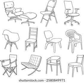 Vector line drawings of a collection of different chairs and seating