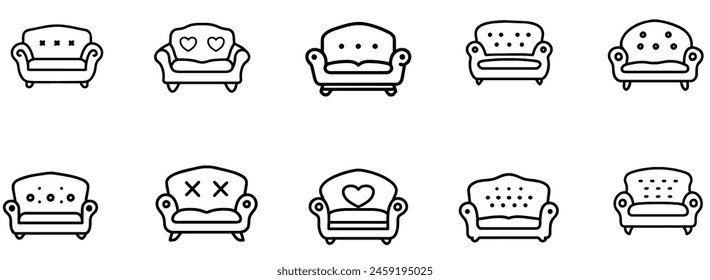 Vector line drawings, various types of sofas