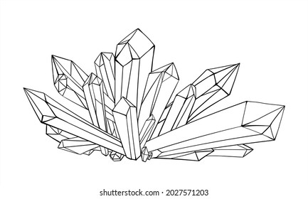 Cristales dibujados en línea de vectores. Ilustración en blanco y negro para libro de colorear para adultos y niños. Cuarteto mineral