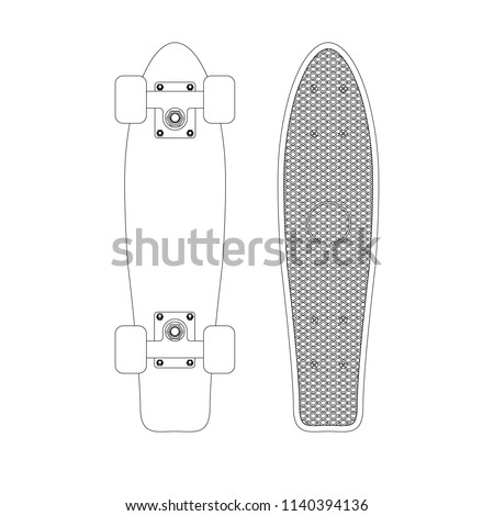 Vector line drawn penny skate board top view isolated on white background 