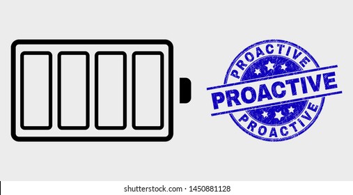 Vector line electric battery icon and Proactive seal. Blue round distress seal with Proactive caption. Black isolated electric battery icon in stroke style.