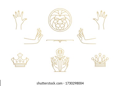 Línea de vectores elegante diseño de elementos - ilustraciones de la cabeza de león y las manos gestantes estilo lineal mínimo. Gráficos de esquema delicados bohemios de colección para emblemas de logotipo y marca de producto