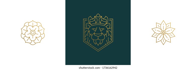 Vector line elegant decoration design elements set - lion head and flowers illustrations minimal linear style. Collection bohemian delicate outline graphics for logo emblems and product branding