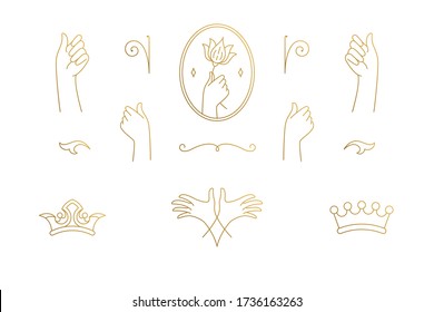 Vector Linie elegante Dekorationselemente setzen - Kronen und Handgesten Illustrationen minimalen linearen Stil. Skizzen für Logo-Embleme und Produktmarken in der Sammlung böhmisch-delikater Skizzen