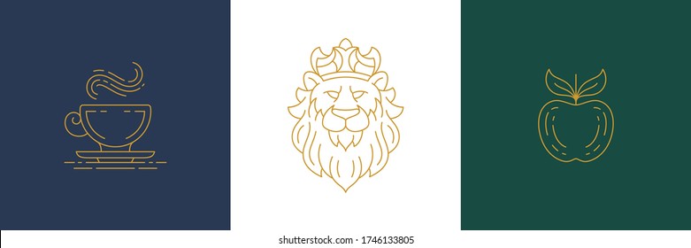 Vector line elegant decoration design elements set - lion head and apple illustrations linear style. Collection bohemian delicate outline graphics for logo emblems and product branding