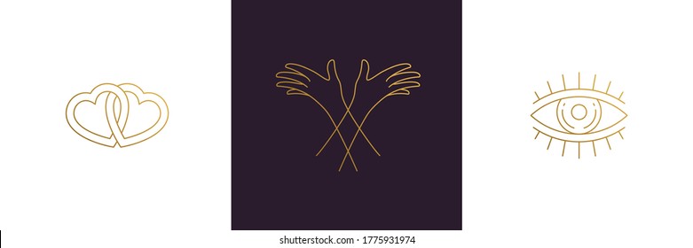 Vector line elegant decoration design elements set - eye and female gesture hands illustrations minimal linear style. Collection bohemian delicate outline graphics for logo emblems and branding