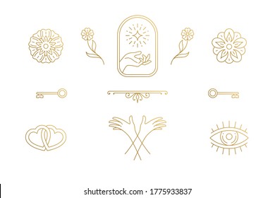 Vector line elegant decoration design elements set - flowers and gesture hands illustrations minimal linear style. Collection bohemian delicate outline graphics for logo emblems and product branding