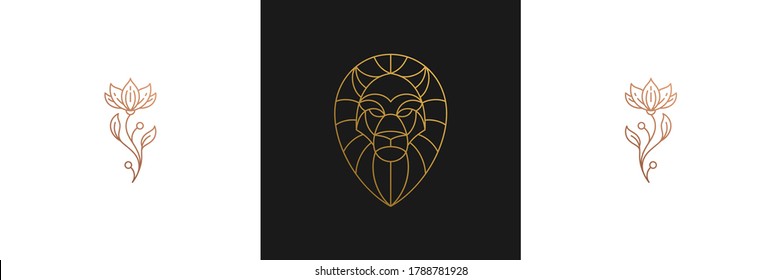 Vector line elegant decoration design elements set - lion head and flowers illustrations minimal linear style. Collection bohemian delicate outline graphics for logo emblems and product branding
