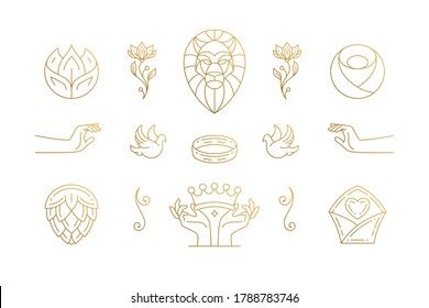 Vector line elegant decoration design elements set - lion head and gesture hands illustrations minimal linear style. Collection bohemian delicate outline graphics for logo emblems and product branding