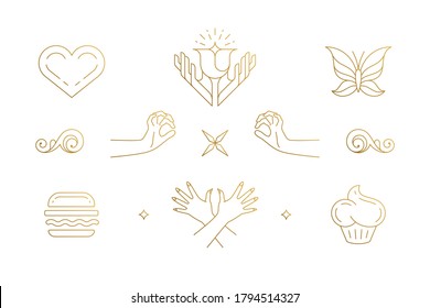 Diseño de elementos de diseño elegante de la línea de vectores - ilustraciones de manos de gestos femeninas estilo lineal mínimo. Gráficos de esquema delicados bohemios de colección para emblemas de logotipo y marca de producto