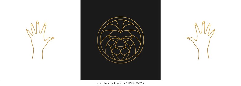 Vector line elegant decoration design elements set - lion head and gesture hands illustrations minimal linear style. Collection bohemian delicate outline graphics for logo emblems and product branding