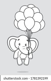 Vector line elephant holding inflatable balloons and flying