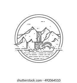 Vector line emblem with mountain landscape and waterfall. Rainbow in waterfall. Linear illustration isolated on white.