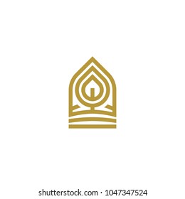 Vector line emblem of plant with leaf. Golden logo of growth.
