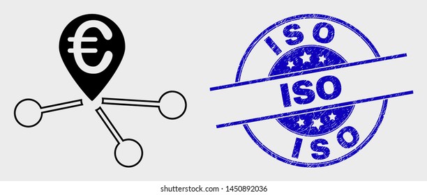 Vector line euro location links pictogram and ISO seal stamp. Blue round grunge seal with ISO phrase. Black isolated euro location links pictogram in outline style.
