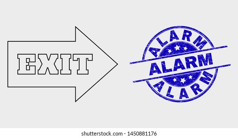 Vector line exit arrow pictogram and Alarm watermark. Blue rounded textured watermark with Alarm phrase. Black isolated exit arrow pictogram in contour style.